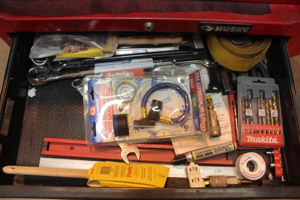 Husky Rolling Tool Chest With Power Tools, Grill Cover, Ryobi Drill And