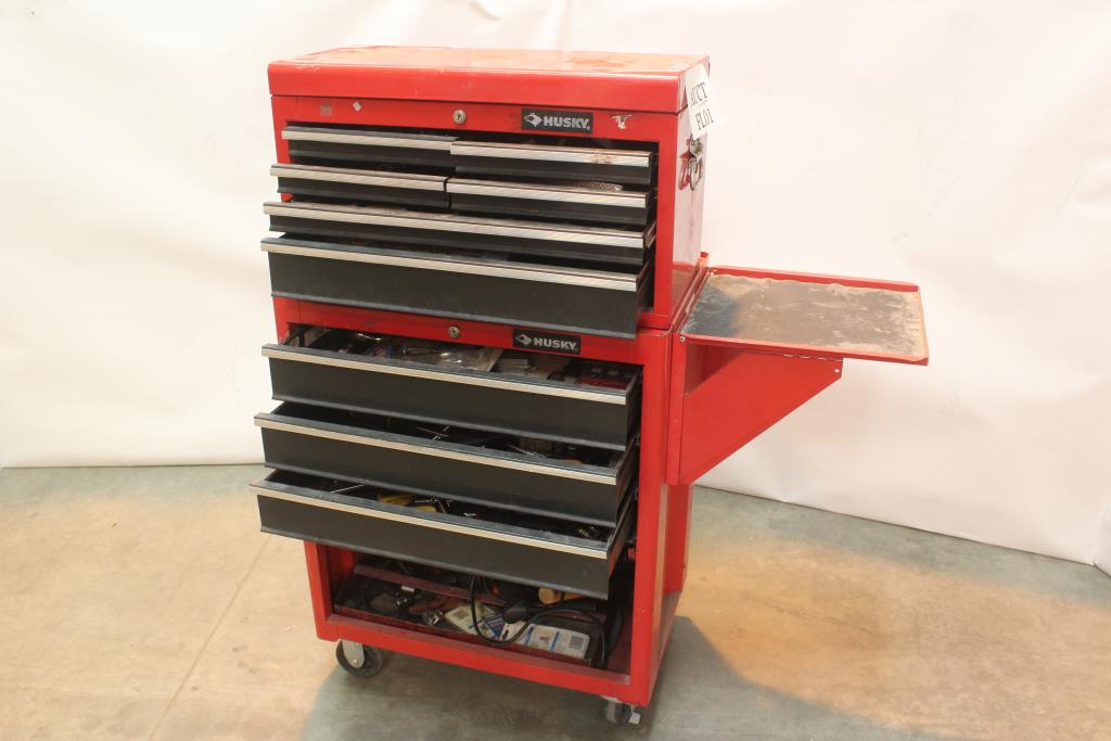 Husky Rolling Tool Chest With Power Tools, Grill Cover, Ryobi Drill And