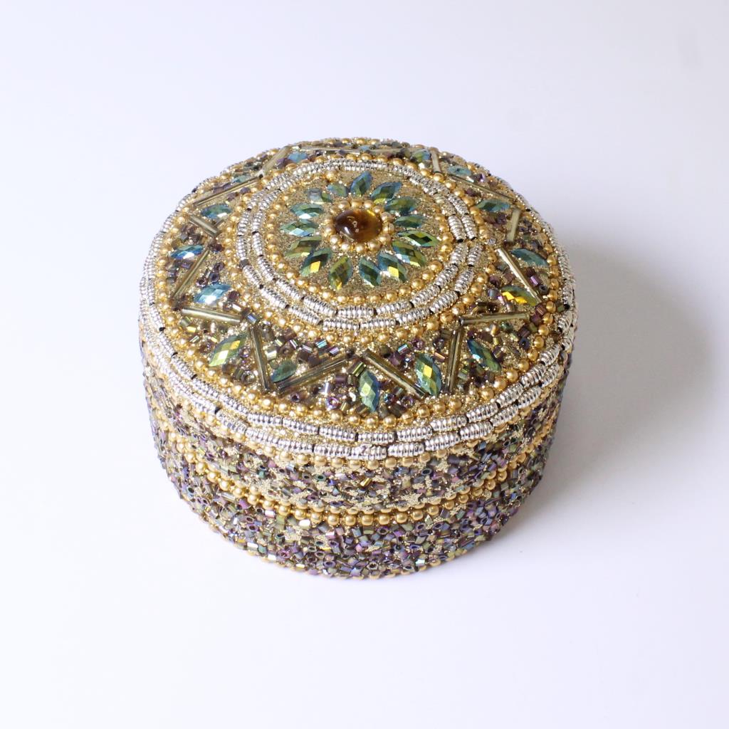 Round Multi Colored Beaded Jewelry Box Property Room