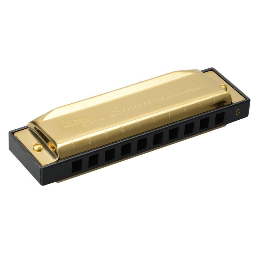 New Swan Gold Tone Harmonica 10 Holes Key of G with Case Property Room