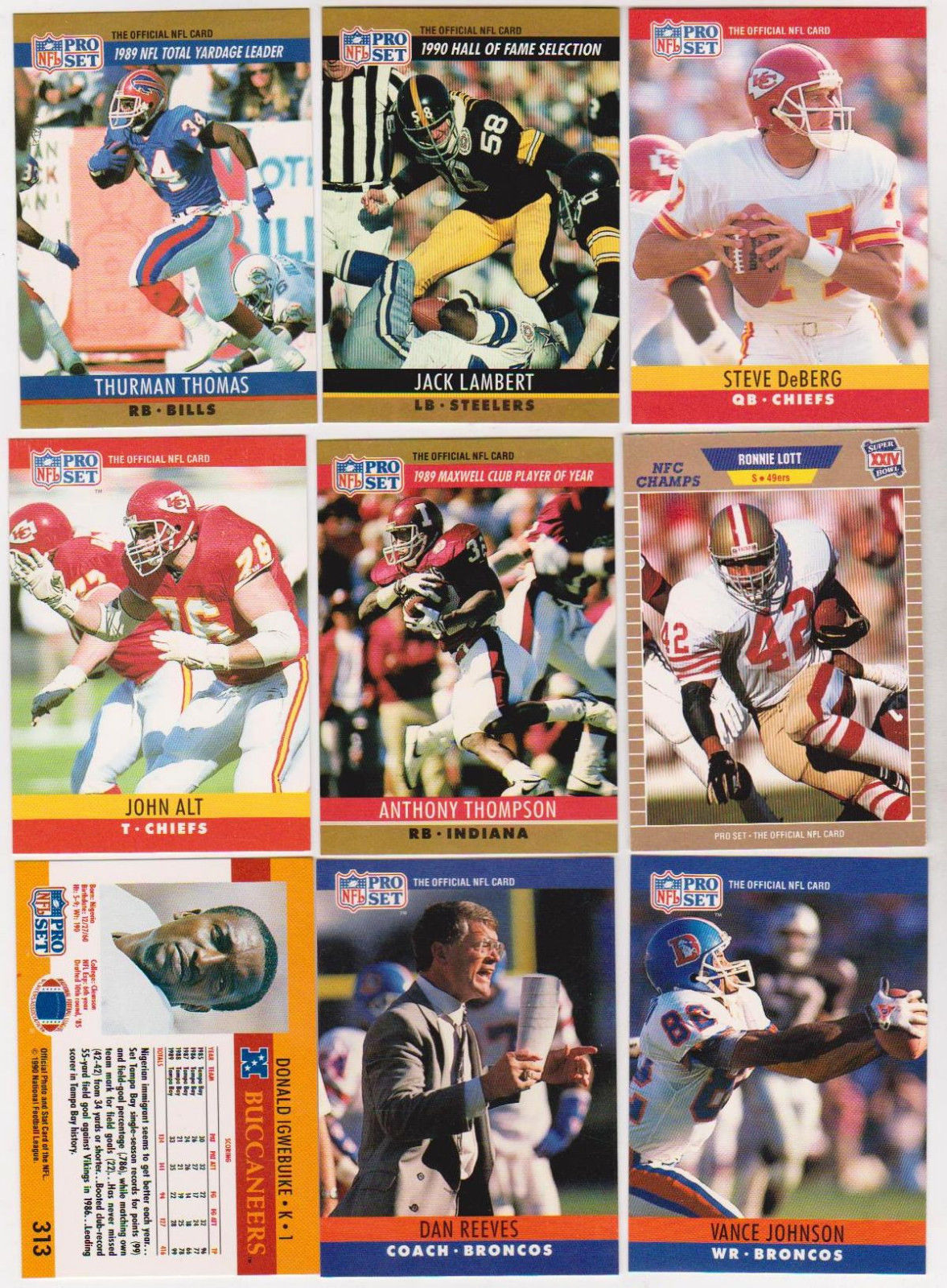 9 Different Pro Set Football Error Cards Wrong/Blank Fronts/Backs w