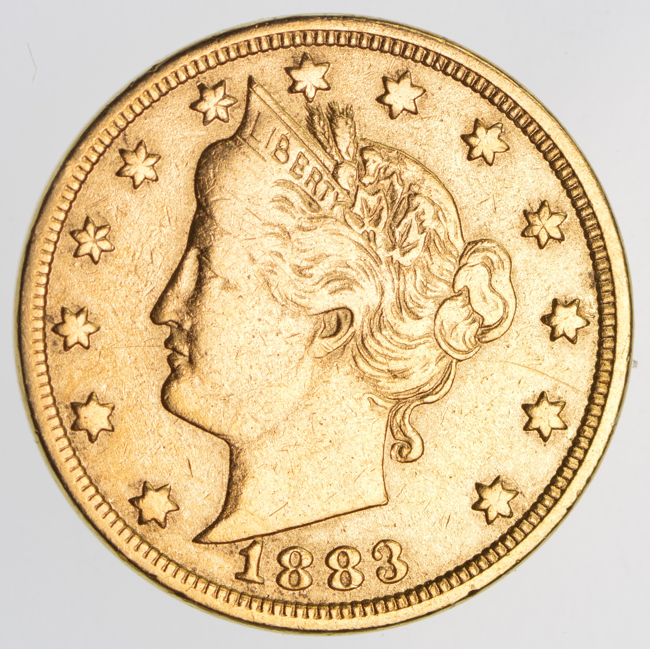  1883 24K Gold Plated Racketeer Liberty V Nickel Great History 