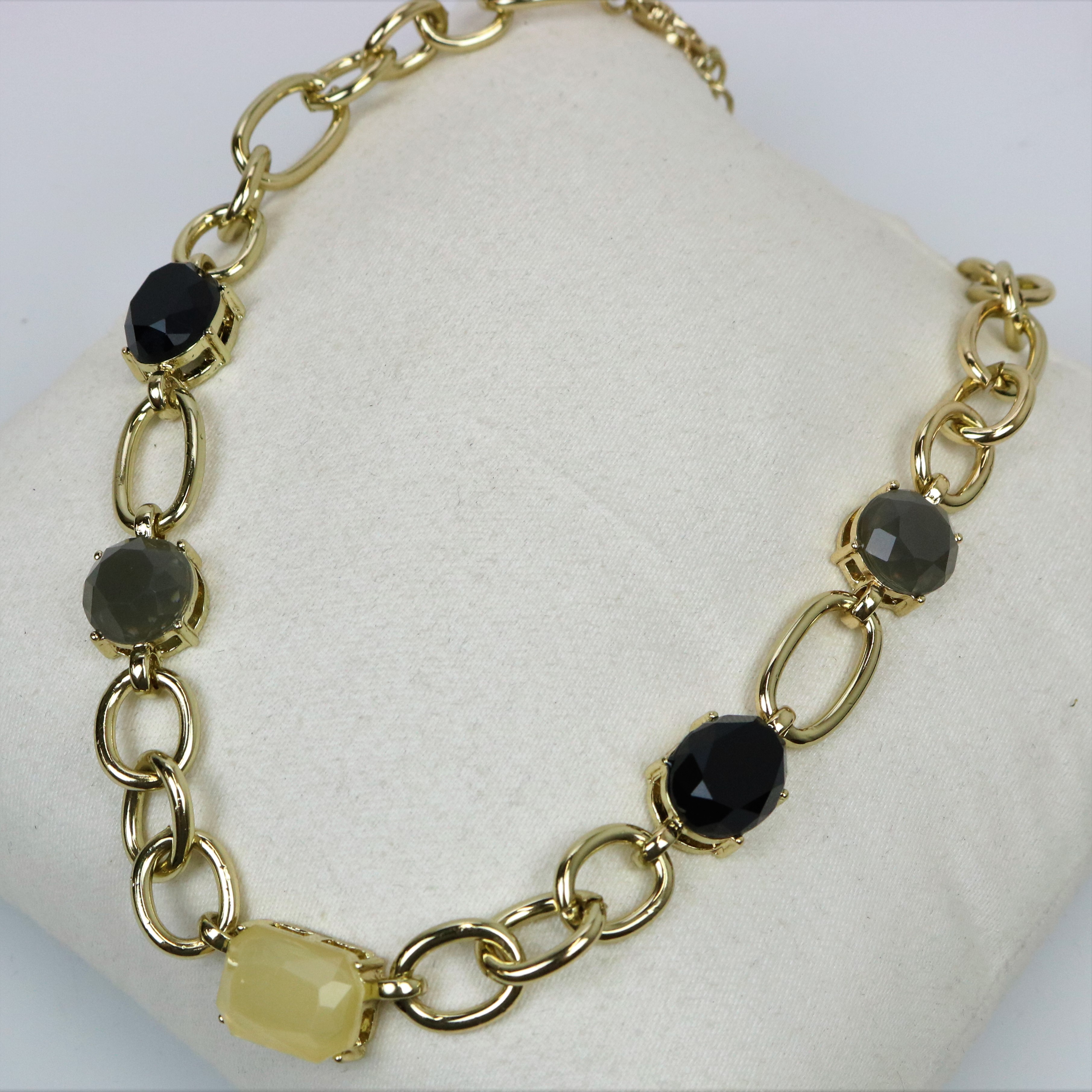Large Link Gold Necklace with Black and Gray Beads