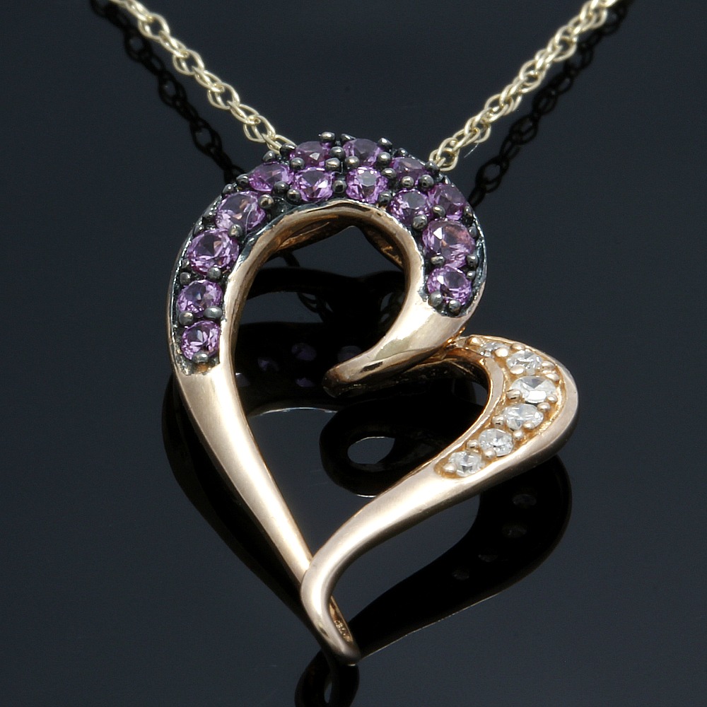 Solid 10k Rose & Yellow Gold, Genuine Diamonds & Pink Sapphire Heart