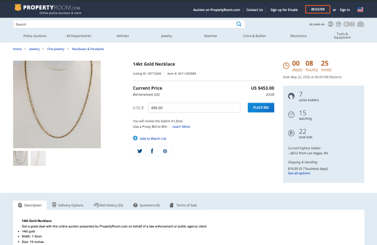 PropertyRoom.com Auction interface showing 14K Gold Necklace
