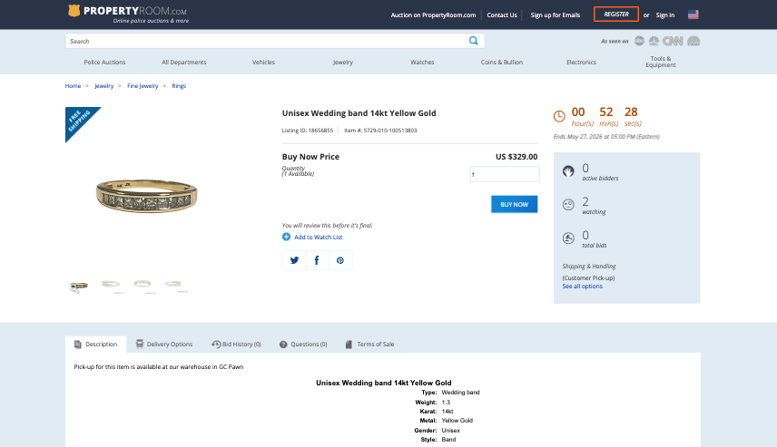 PropertyRoom.com Fixed Price interface showing Unique Wedding Band