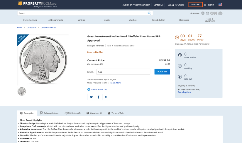 PropertyRoom.com Reserve Auction interface showing Buffalo Indian Head Coin