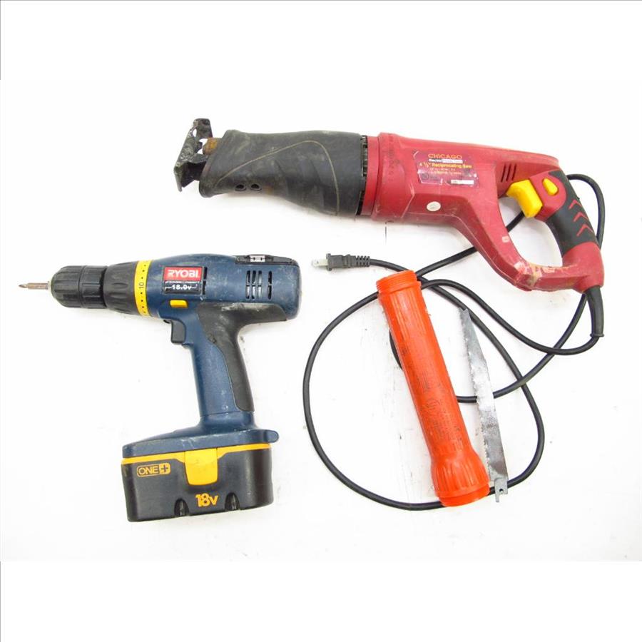 RYOBI Cordless Drill & Chicago Electric Tools Reciprocating Saw, 3 Pieces Property Room