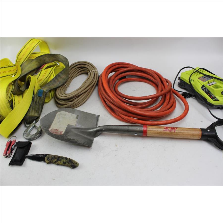 Ace Shovel, Ratchet Straps, Heavy Duty Power Extensions, Ryobi Charger