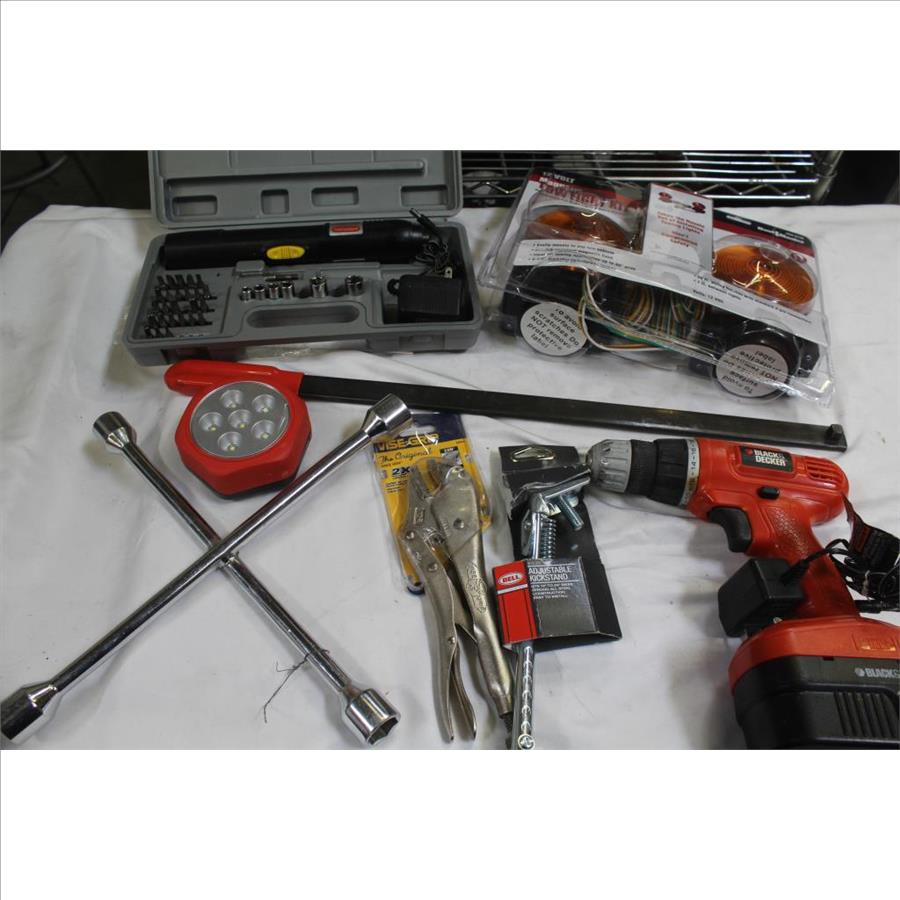 Black & Decker Drill, Haulmaster Tow Light Kit And More Various Tools