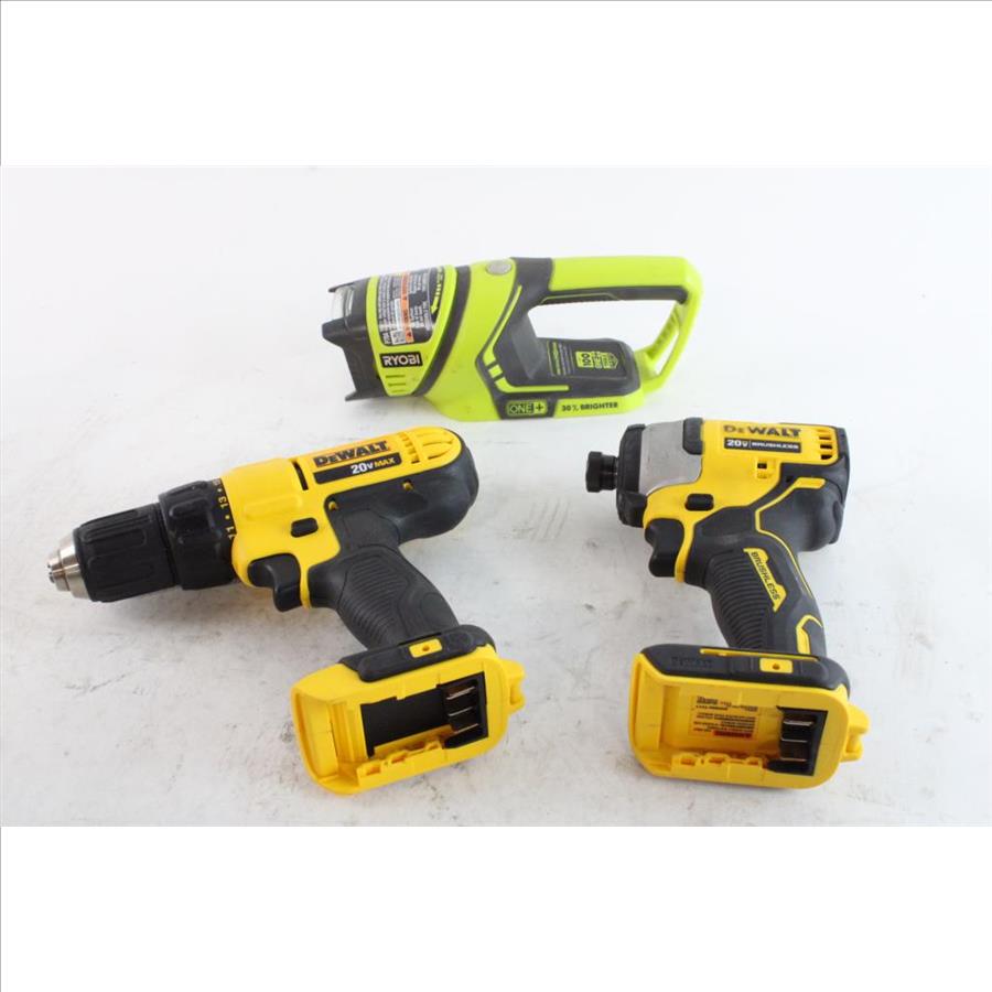 DeWalt Impact Driver, Cordless Drill & Ryobi Worklight, 3 Pieces Property Room