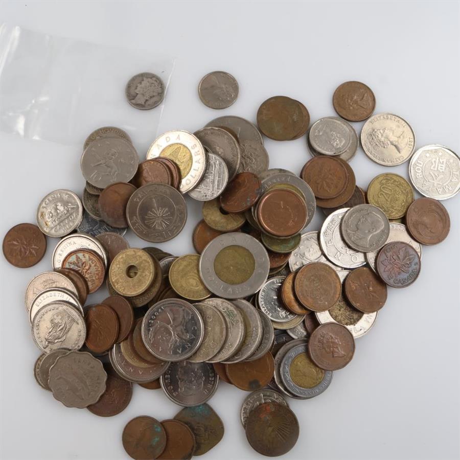 Foreign Coins And US Silver Dime; 1+ Lbs.