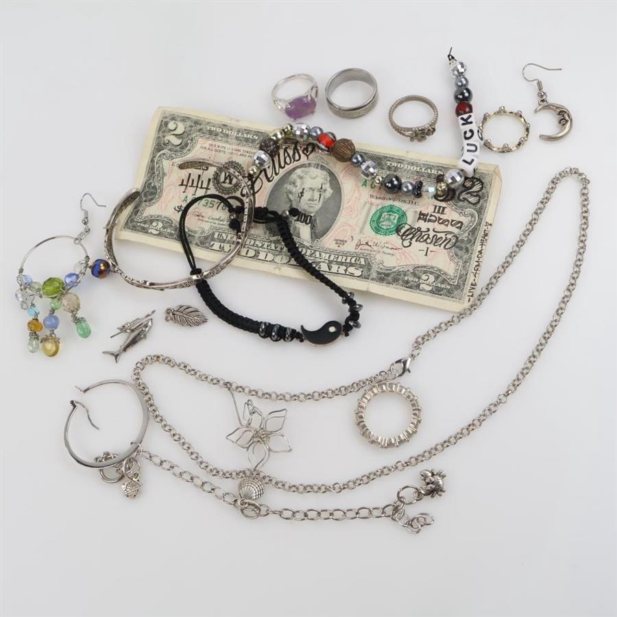 Mixed Jewelry And US Federal Reserve Note 2 Dollar Bill, 10+ Pieces