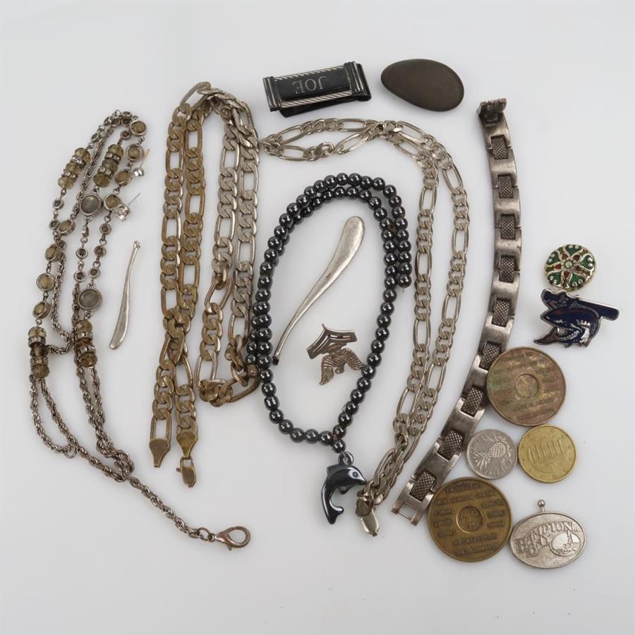 Mixed Jewelry With Foreign Currency And Tokens, 13+ Pieces