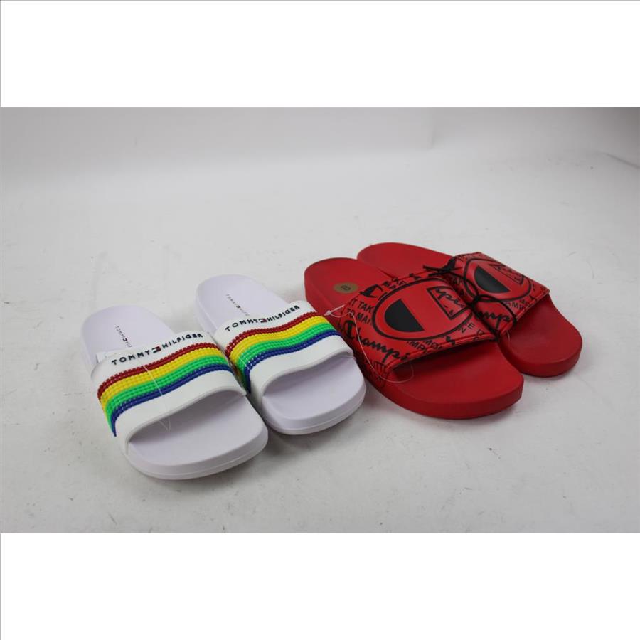 Women's Tommy Hilfiger White/Rainbow Slides Size 6 And Men's Red Champion Slides Size 8