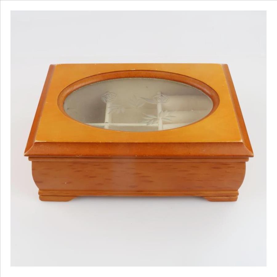 Wooden Jewelry Etched Flower Glass Top Box