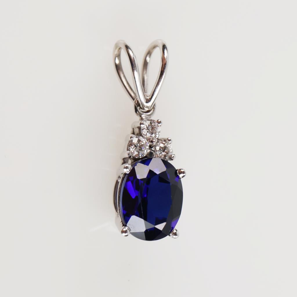 0.18ctTW Diamond Blue Sapphire 14kt White Gold Pendant-Evaluated By Our Certified Gemologist-AGS/GIA