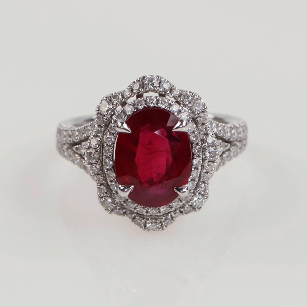 0.50ctTW Diamond Ruby 14kt White Gold Double Halo Ring-Evaluated By Our Certified Gemologist-AGS/GIA