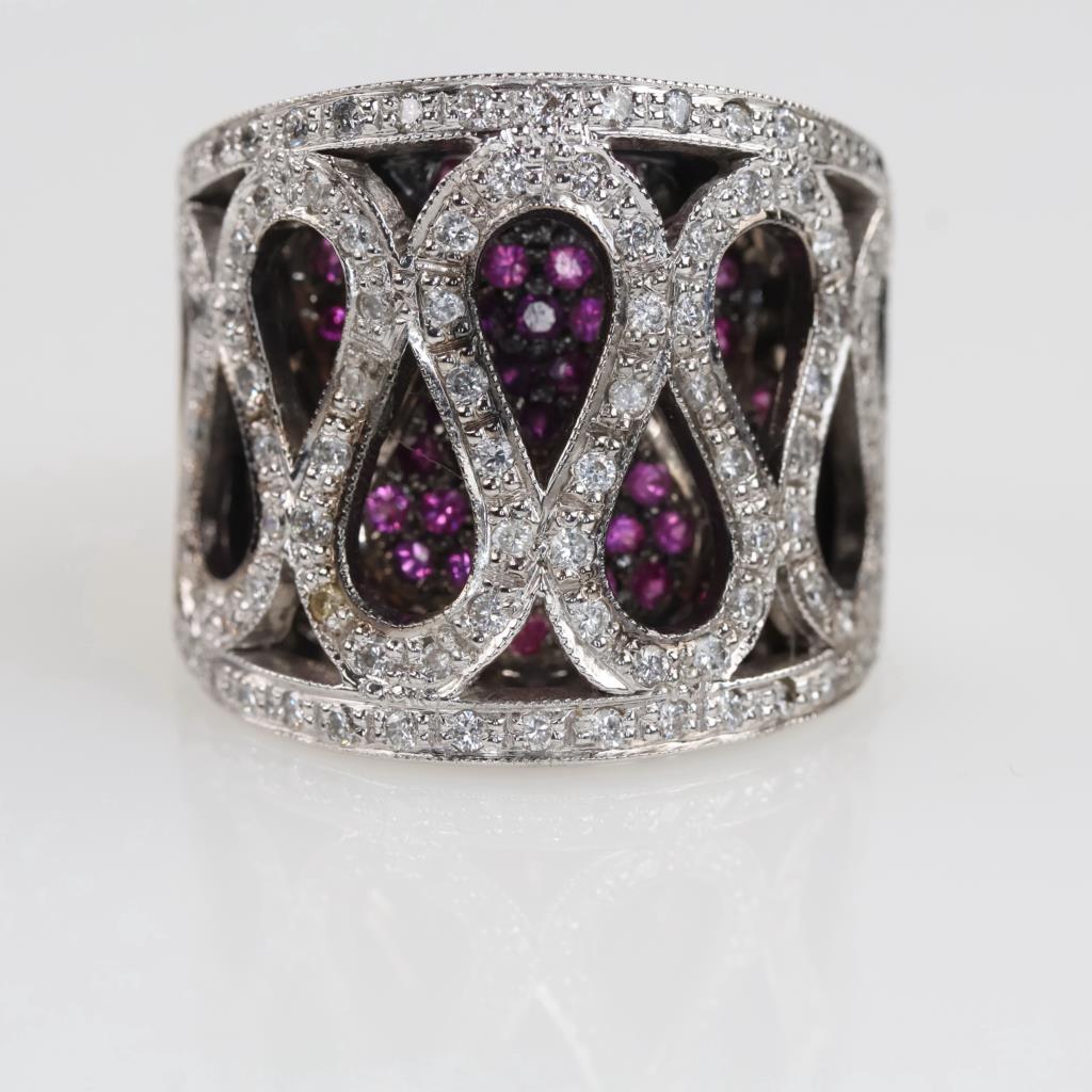 0.59ct TW Diamond Ruby 18kt White Gold Tapered Ring-Evaluated By Our Certified Gemologist-AGS/GIA