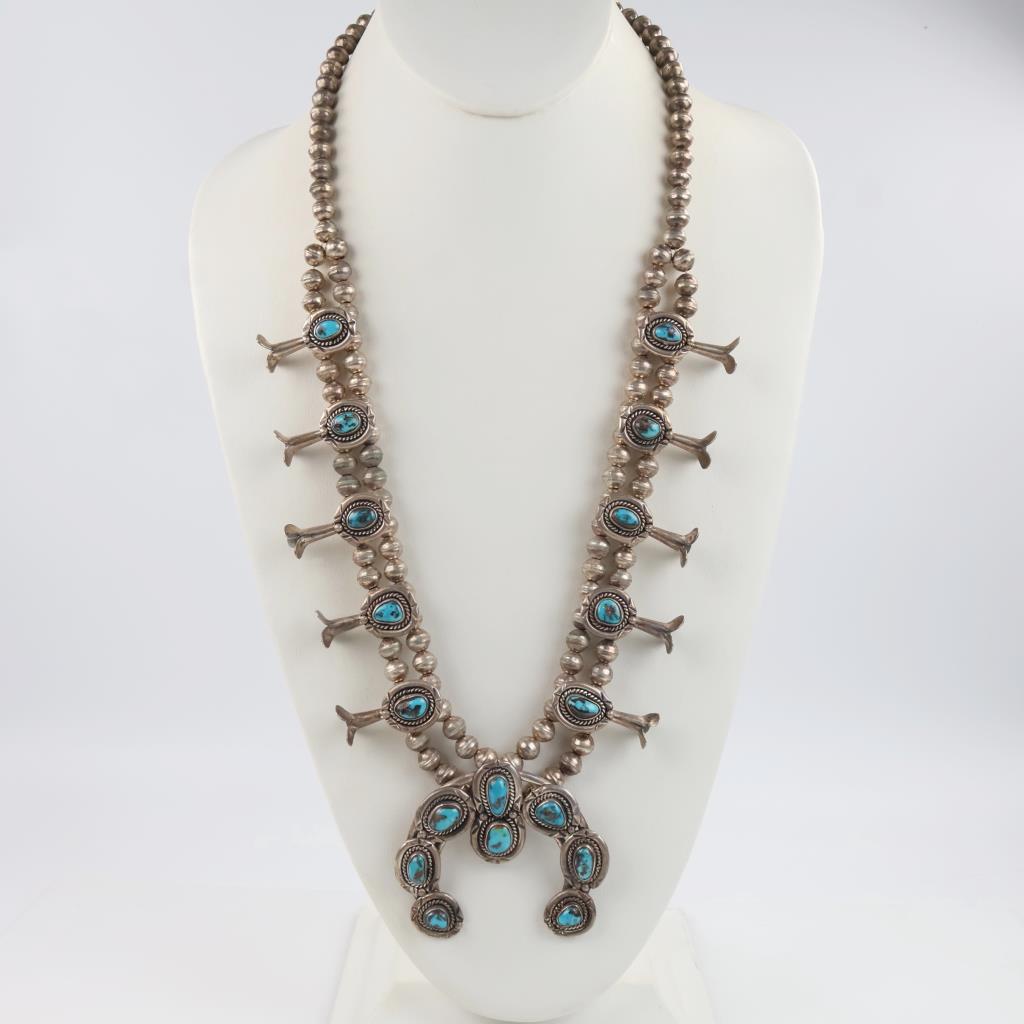 0.800 - 0.900 Silver Squash Blossom Turquoise Necklace