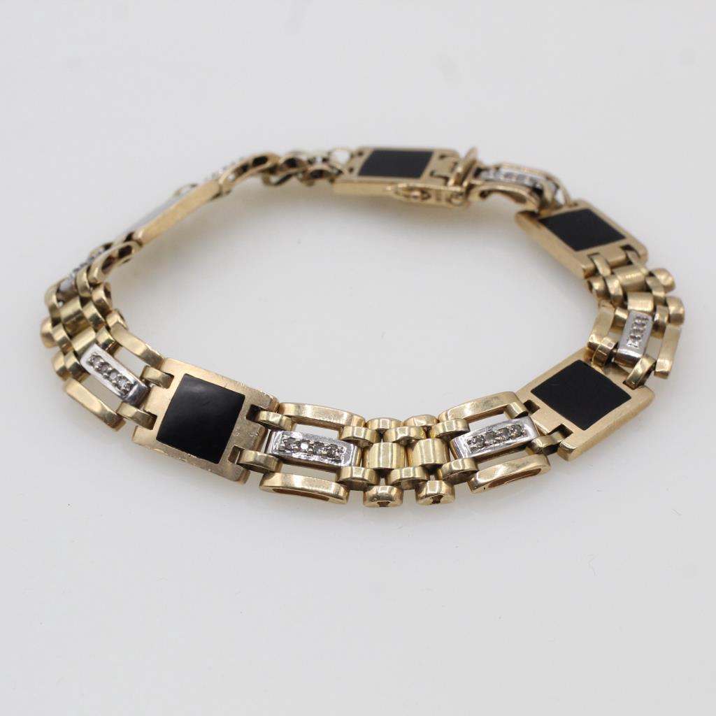 10kt Gold 0.14ct TW Diamond Black Onyx Bracelet-Evaluated By Our Certified Gemologist-AGS/GIA
