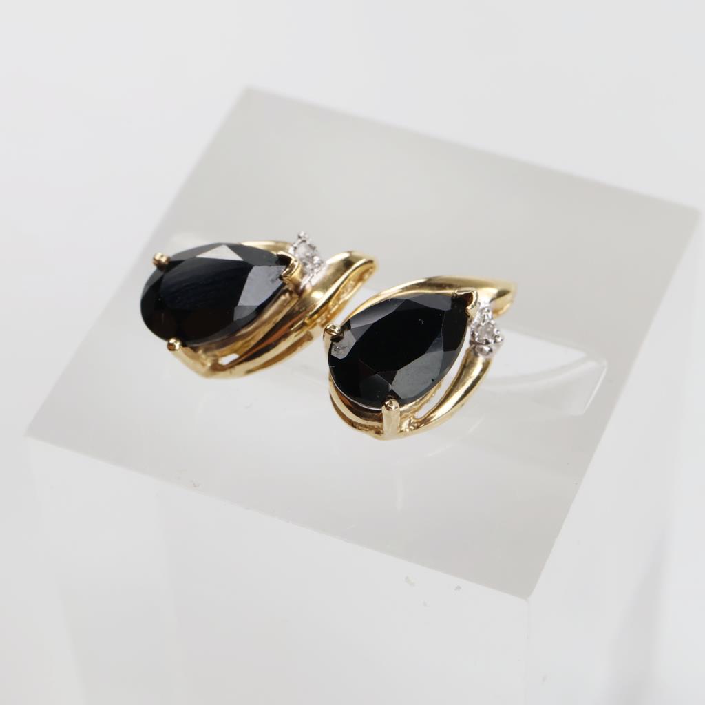 10kt Gold Black Stone Diamond Accent Drop Stud Earrings