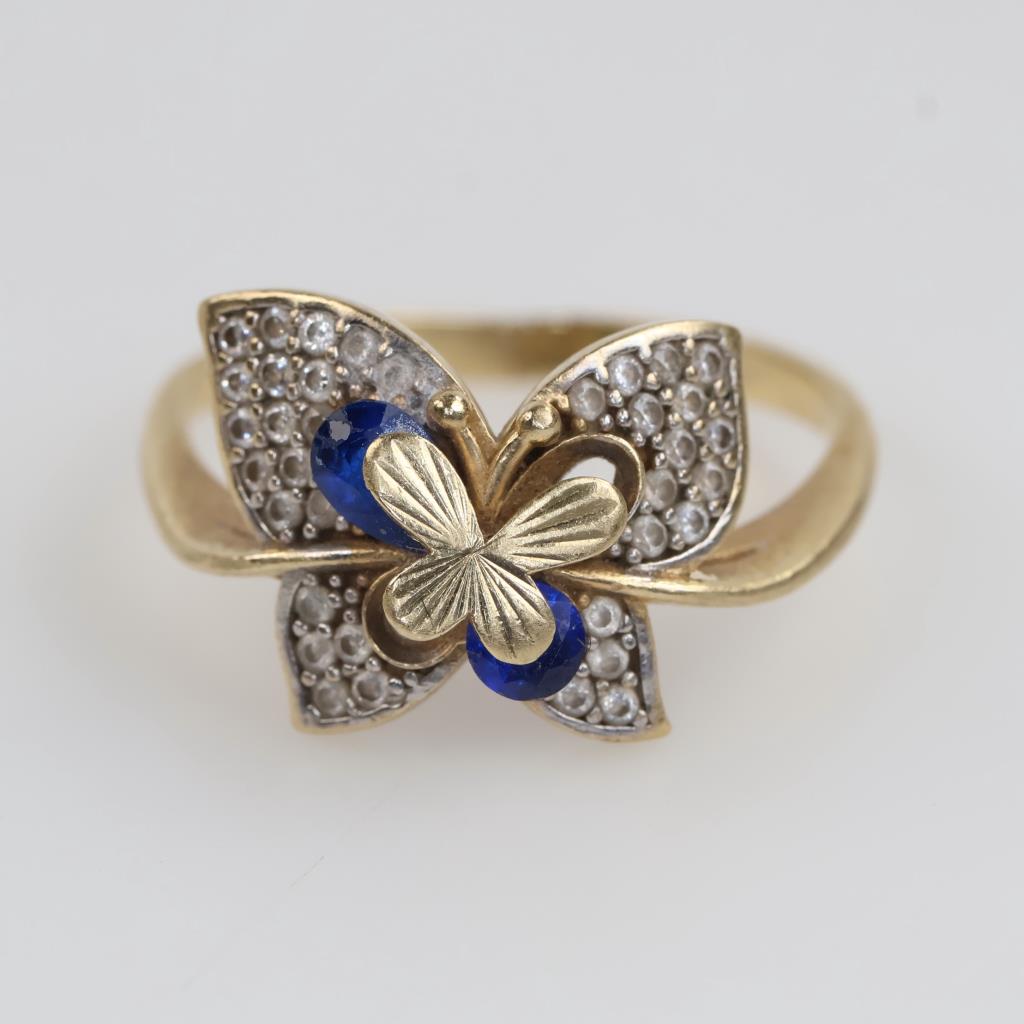 10kt Gold Blue Stone Clear Stone Accent Butterfly Ring