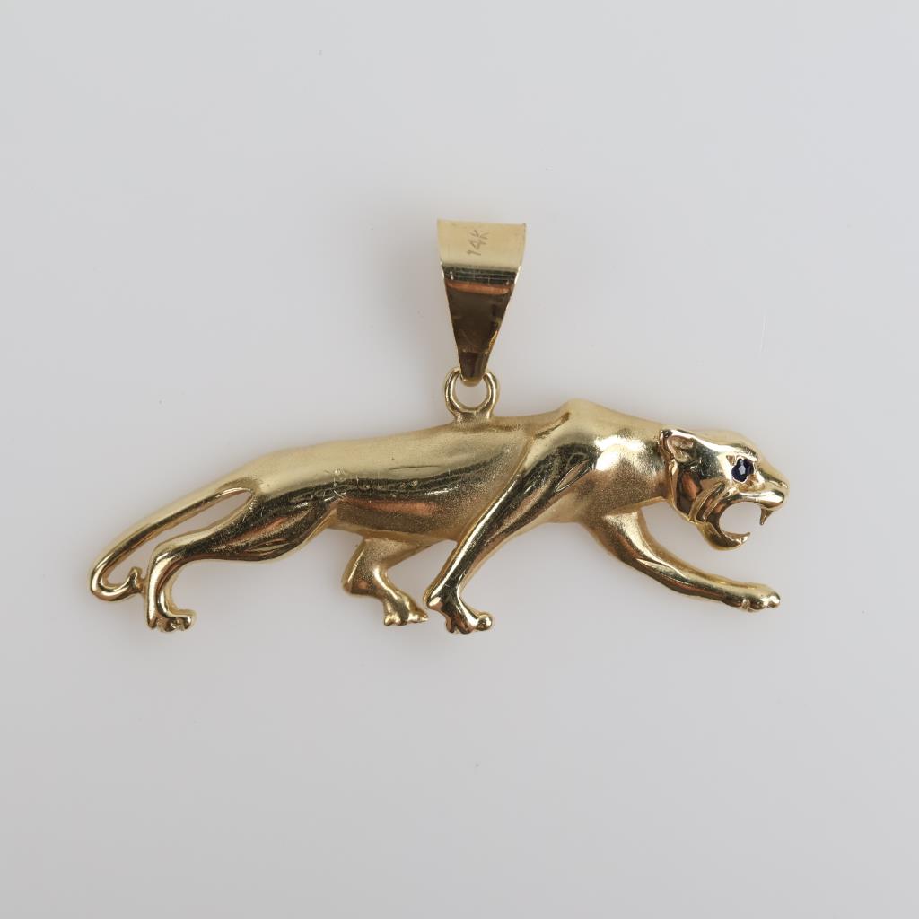 10kt Gold Blue Stone Semi-hollow Panther Pendant