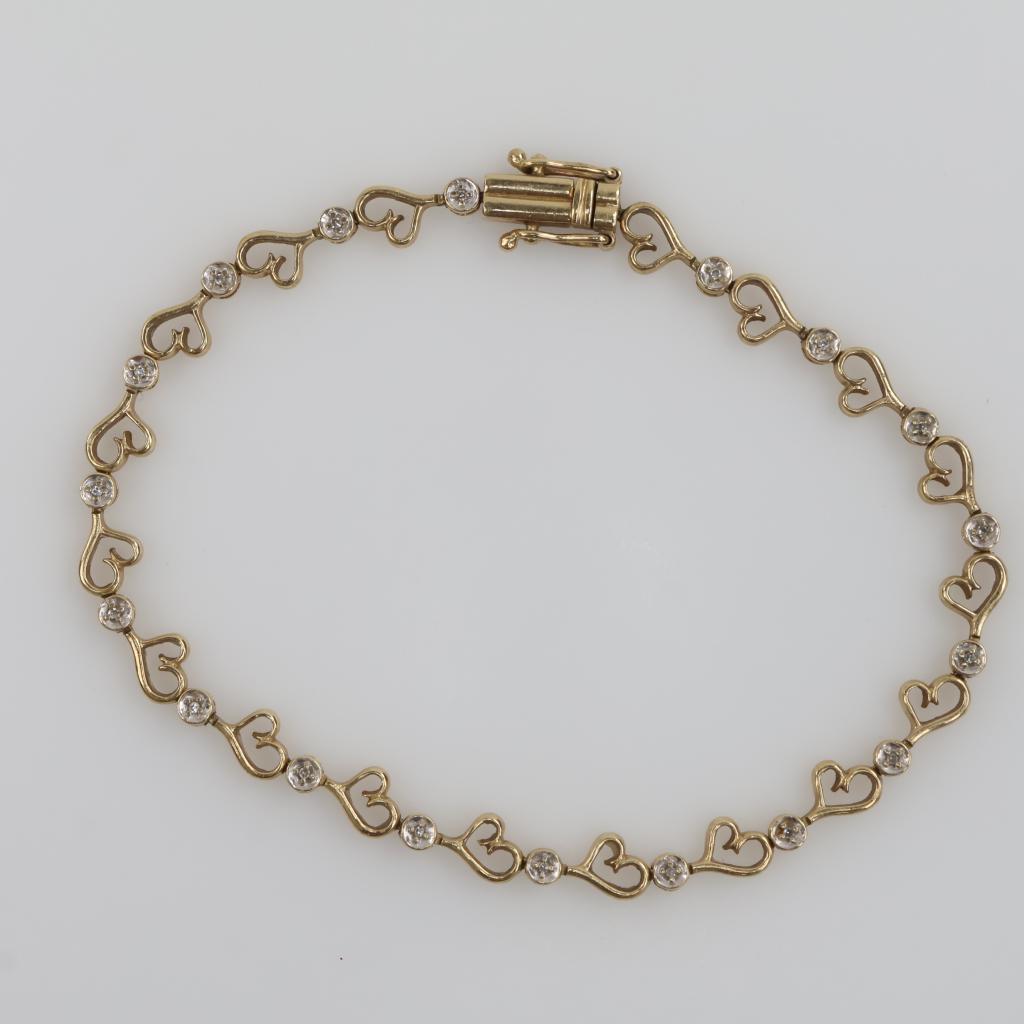 10kt Gold Clear Stone Heart Link Bracelet