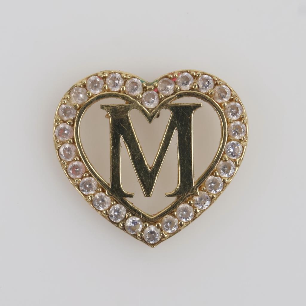 10kt Gold Clear Stone Letter M Heart Earring
