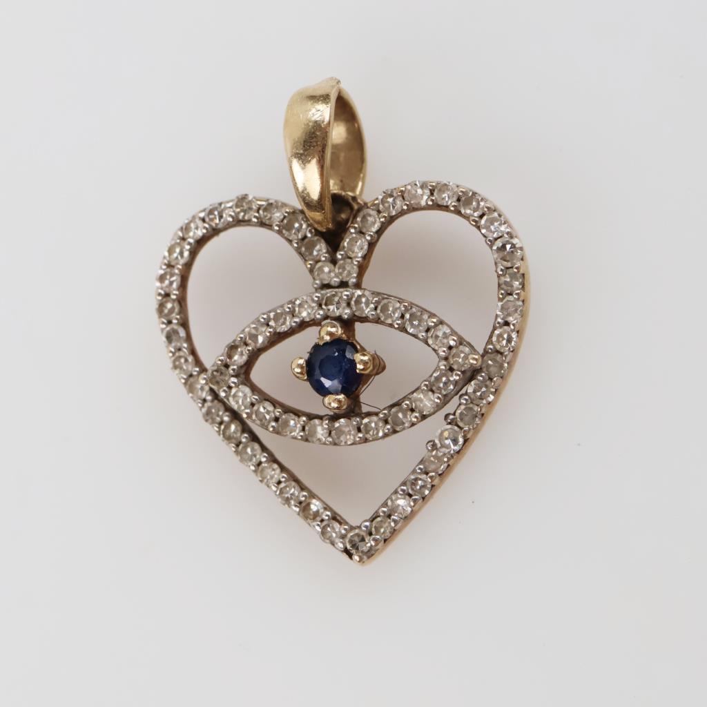 10kt Gold Diamond And Blue Stone Heart Pendant