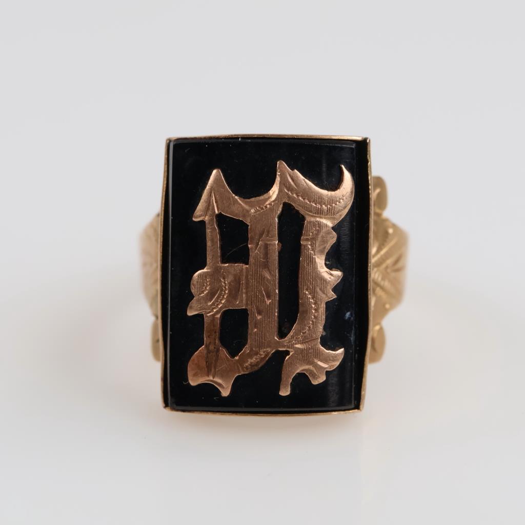 10kt Gold "E" Black Stone Ring