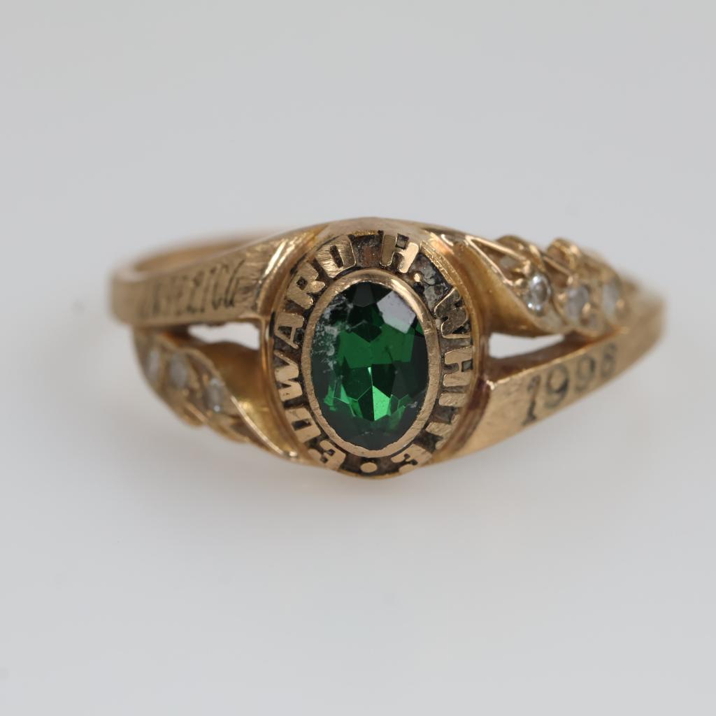 10kt Gold Green And Clear Stone Class Ring
