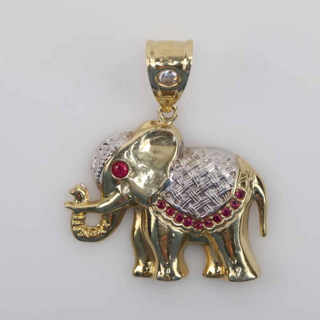 10kt Gold Hollow Elephant Clear Stone, Red Stone Accent Pendant