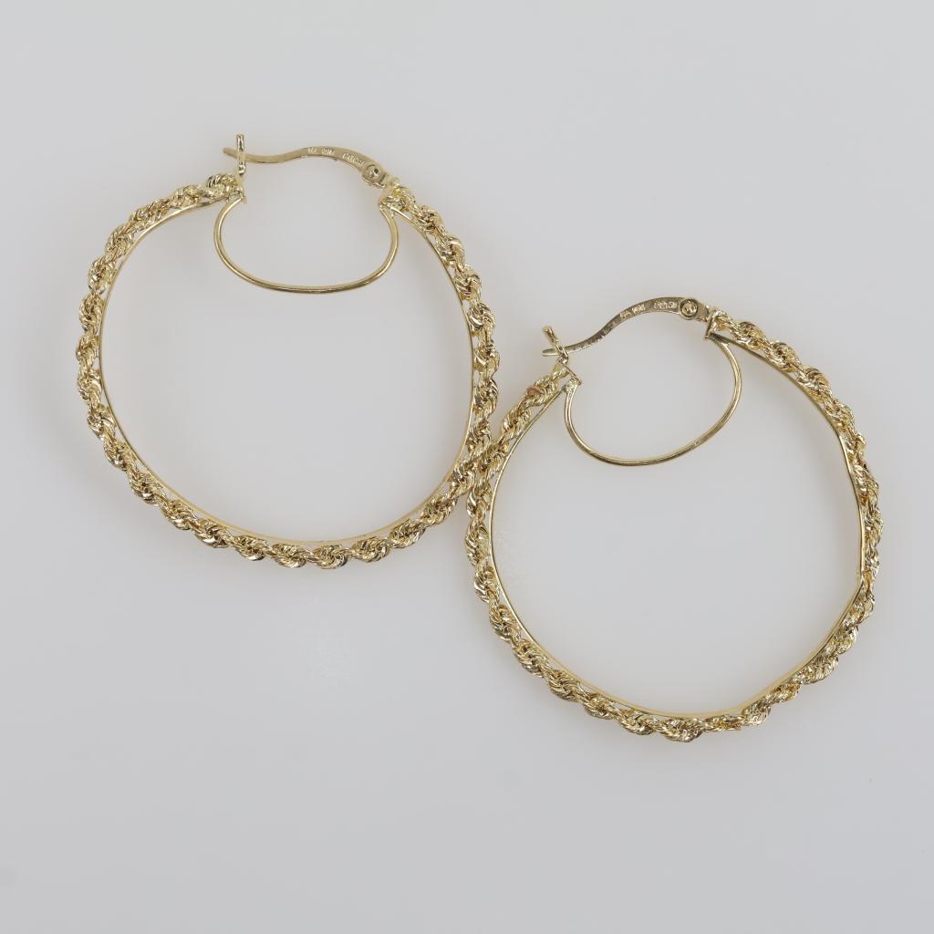 10kt Gold Hollow Rope Chain Hoop Earrings