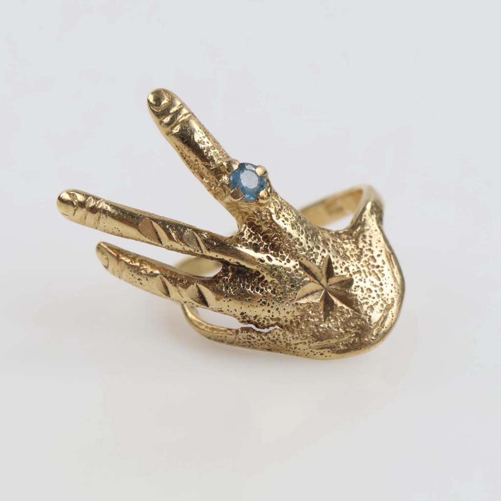 10kt Gold Light Blue Stone Hand Ring