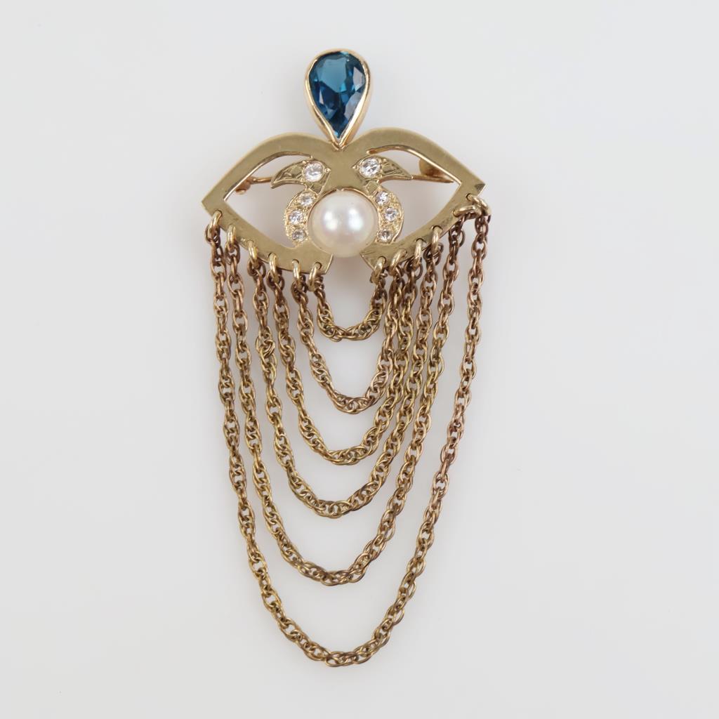 10kt Gold Pearl Blue Stone Diamond Accent Brooch