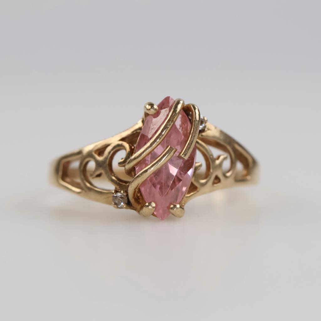 10kt Gold Pink Stone Clear Stone Accent Ring