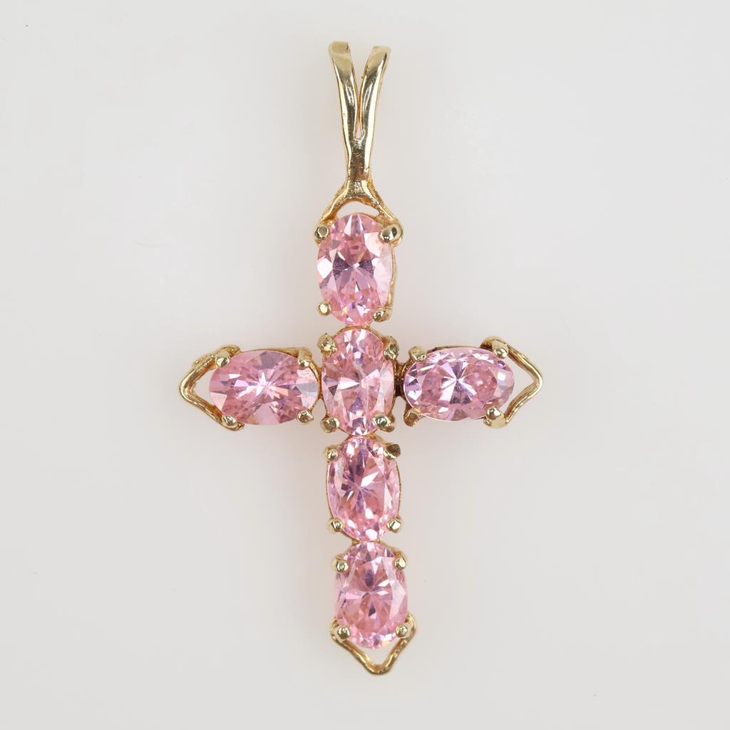 10kt Gold Pink Stone Cross Pendant