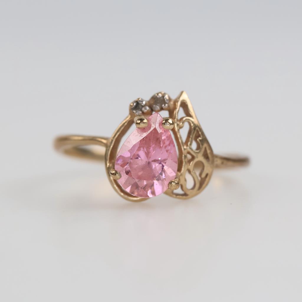 10kt Gold Pink Stone Diamond Accent Ring