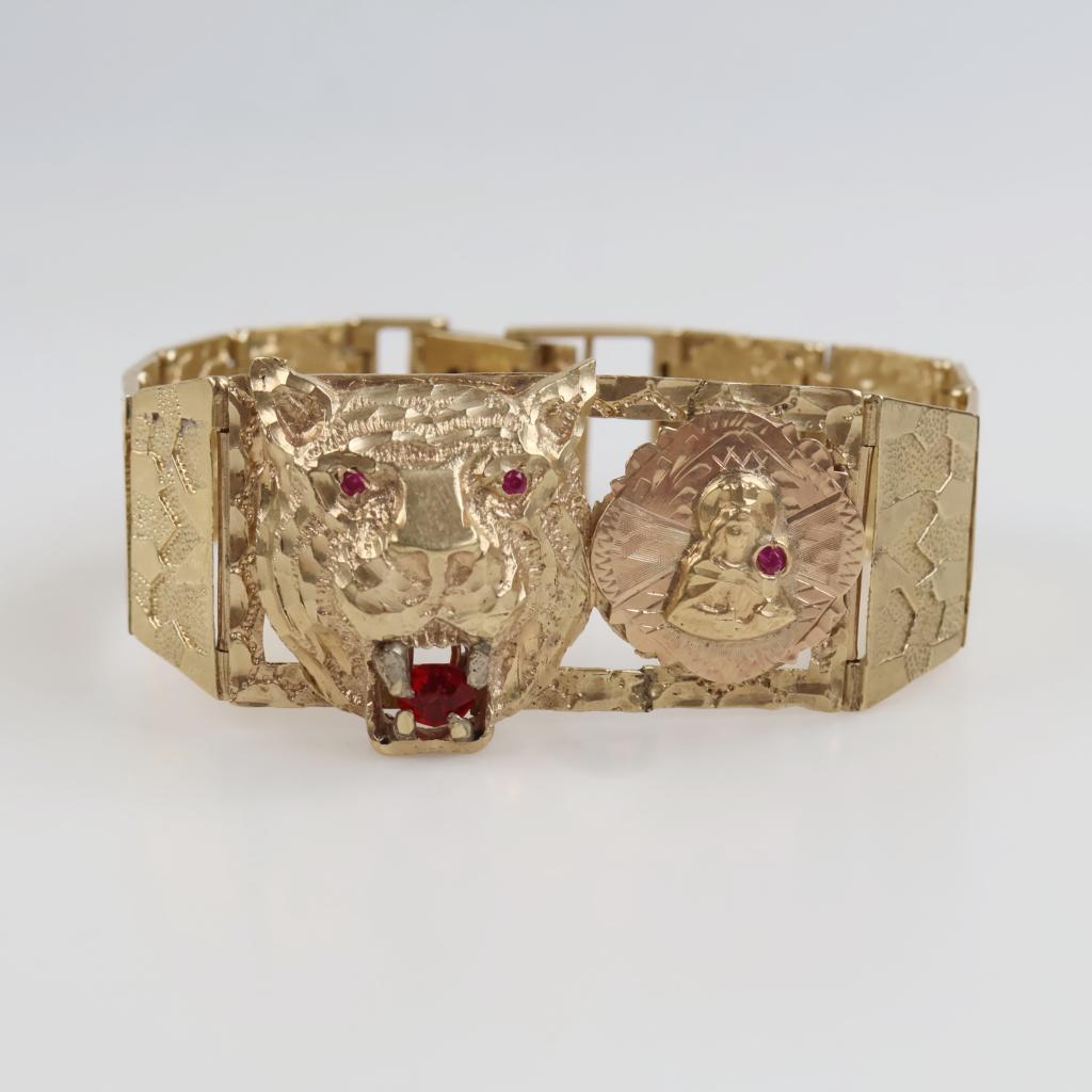 10kt Gold Red Glass And Ruby Panel Bracelet