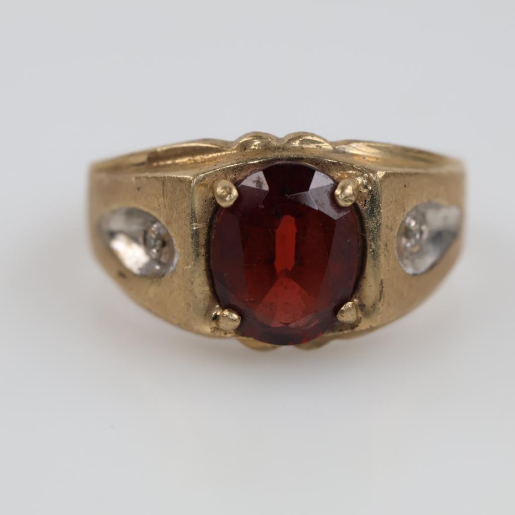 10kt Gold Red Stone Diamond Accent Ring