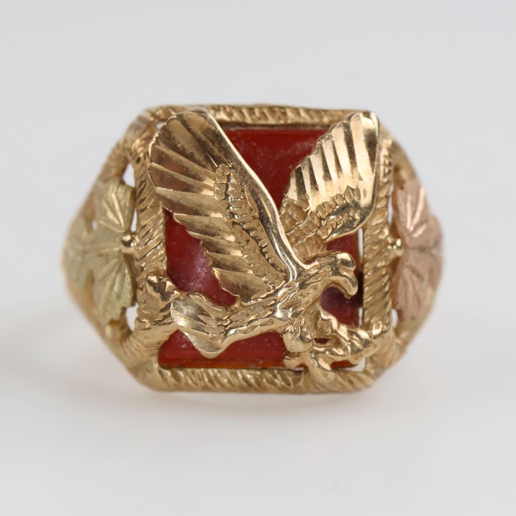 10kt Gold Tri-color Brown Stone Eagle Signet Ring