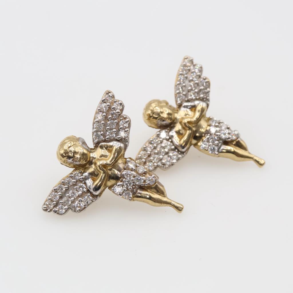 10kt Gold Two-tone Clear Stone Angel Stud Earrings