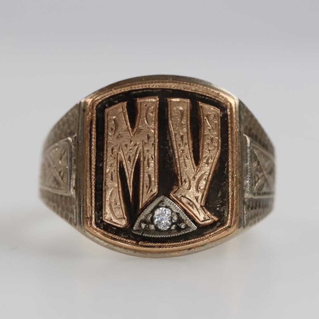 10kt Gold Two-tone Diamond Initial Signet Ring