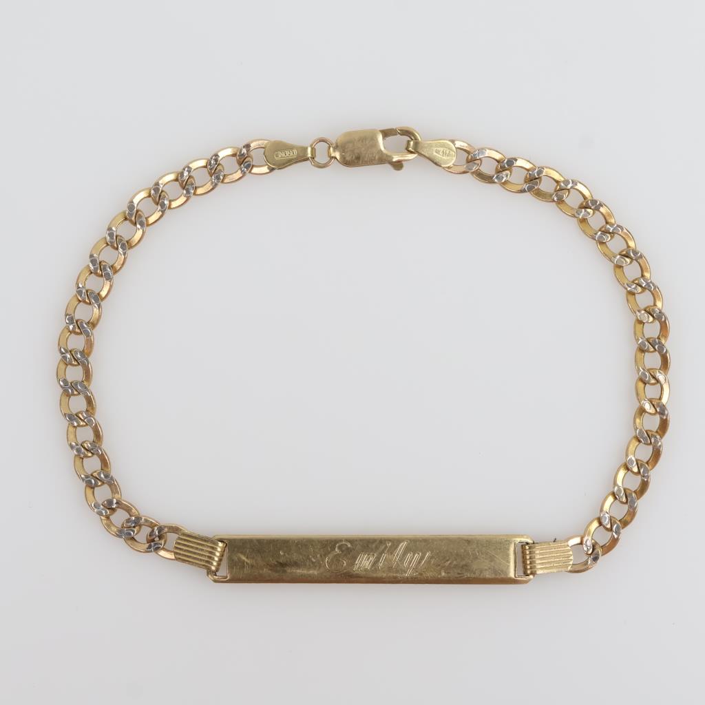 10kt Gold Two-tone Hollow Curb Chain Name Plate Bracelet