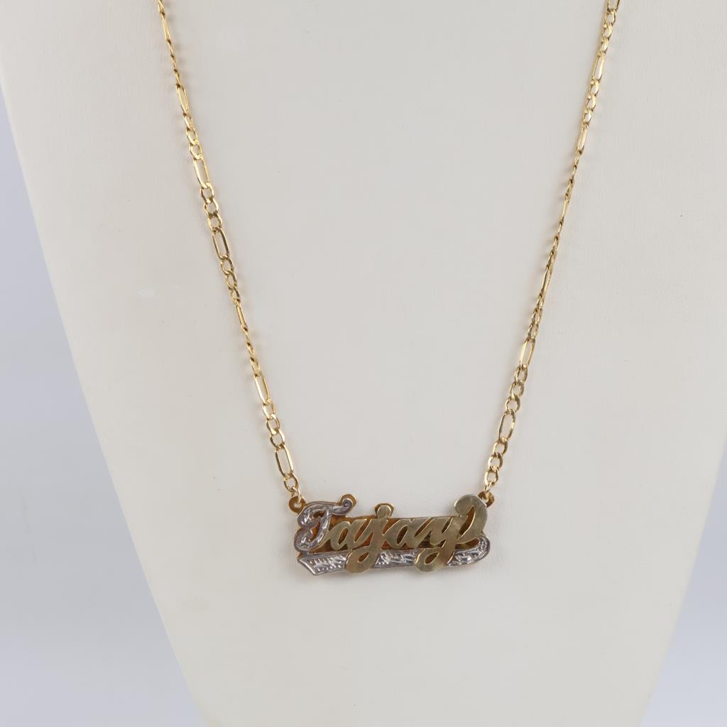 10kt Gold Two-tone Hollow Figaro Chain ID Pendant Necklace
