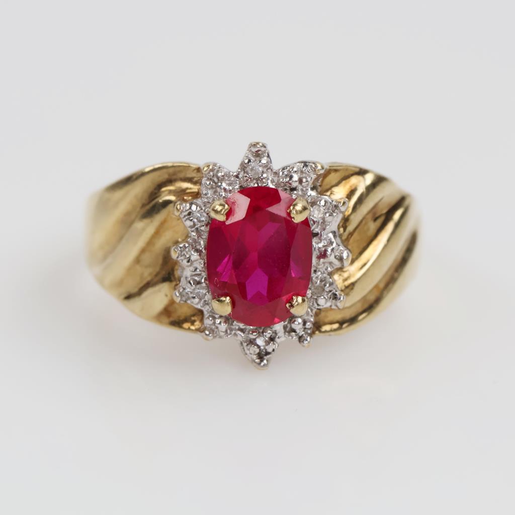 10kt Gold Two-tone Red Stone Diamond Accent Ring