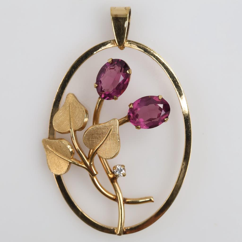 10kt GP Purple Stone Diamond Accent Flower Pendant