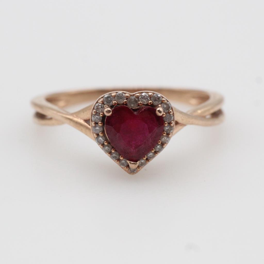 10kt Rose Gold Diamond Accent And Red Stone Heart Ring